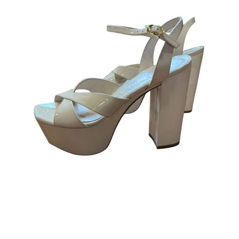 Stuart Weitzman Miami Square Toe Ivory Patent Leather Platform Sandals